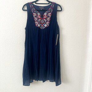 NWT Luxology Sz 16 / XL Navy Blue Boho Embroidered Lined Dress Gauzy V-Neck